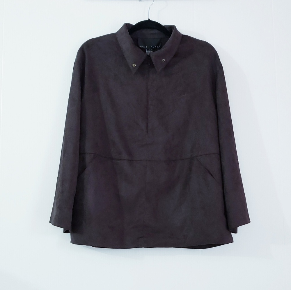 YANSI FUGEL Brown Faux Suede Leather Coat …